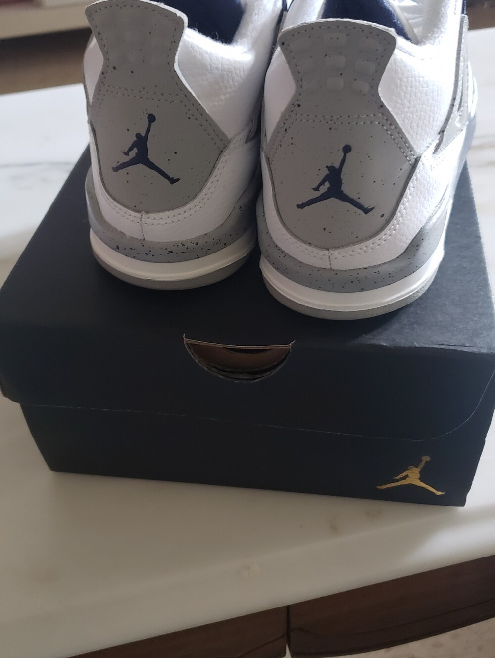 Jordan Kids White Navy and Gray Retro Basketball Sneakers - Picture 2 of 5